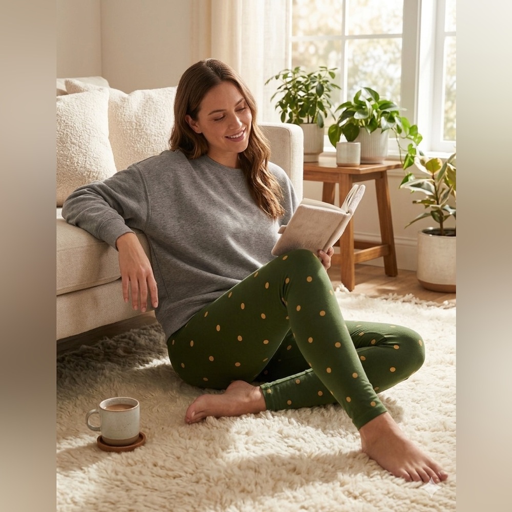 LuLaRoe T/C Leggings Green & Cream Polka Dots